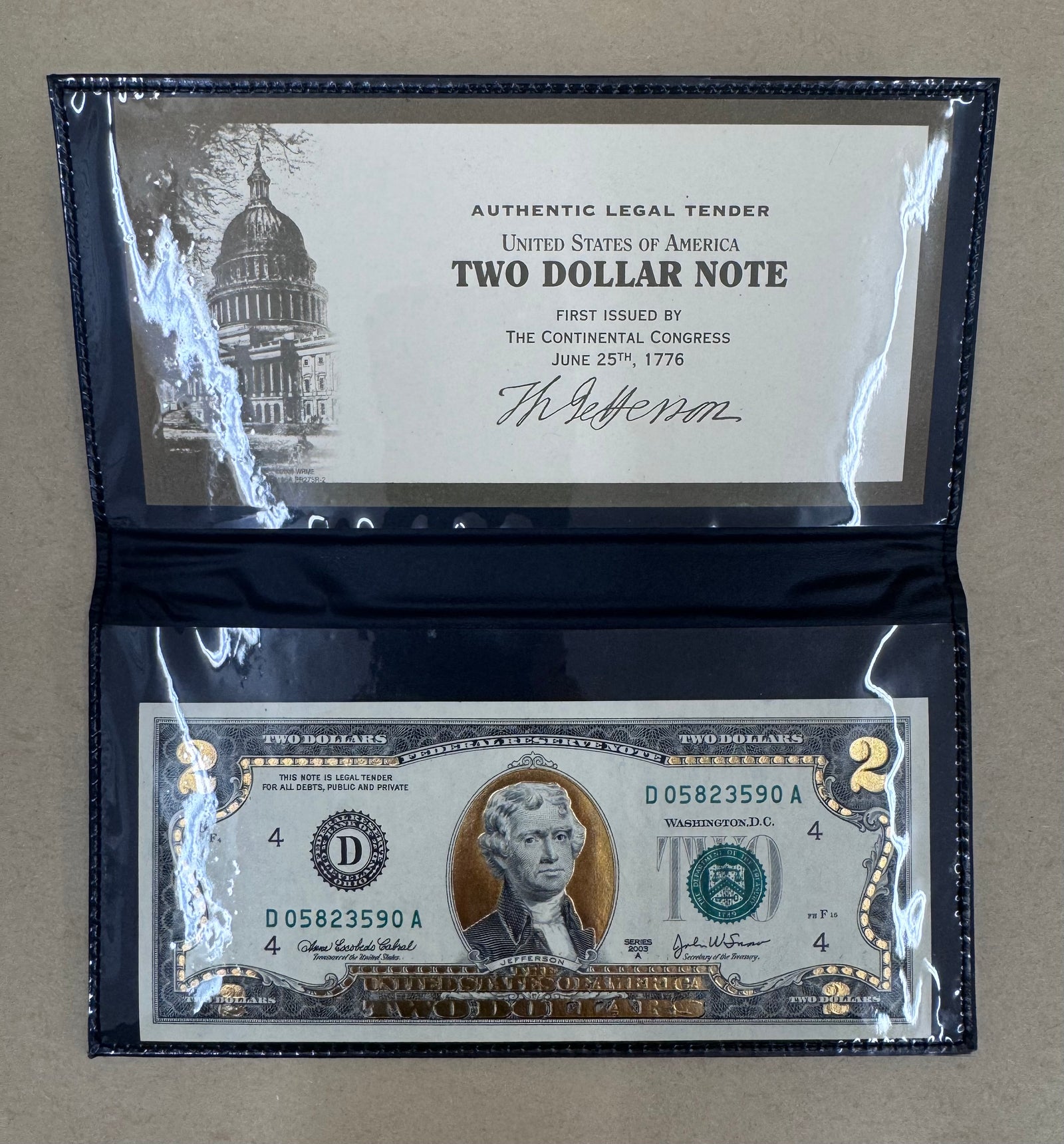 World Reserve Monetary Exchange 2003 A Two Dollar Note in Folder - 22k Gold Plt
