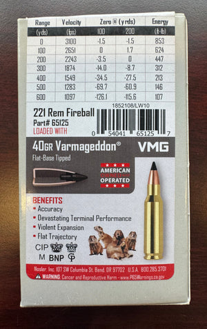 MUNITIONS 221 REM FIREBALL 40GR CULOT PLAT AVEC POINTE VARMAGEDDON