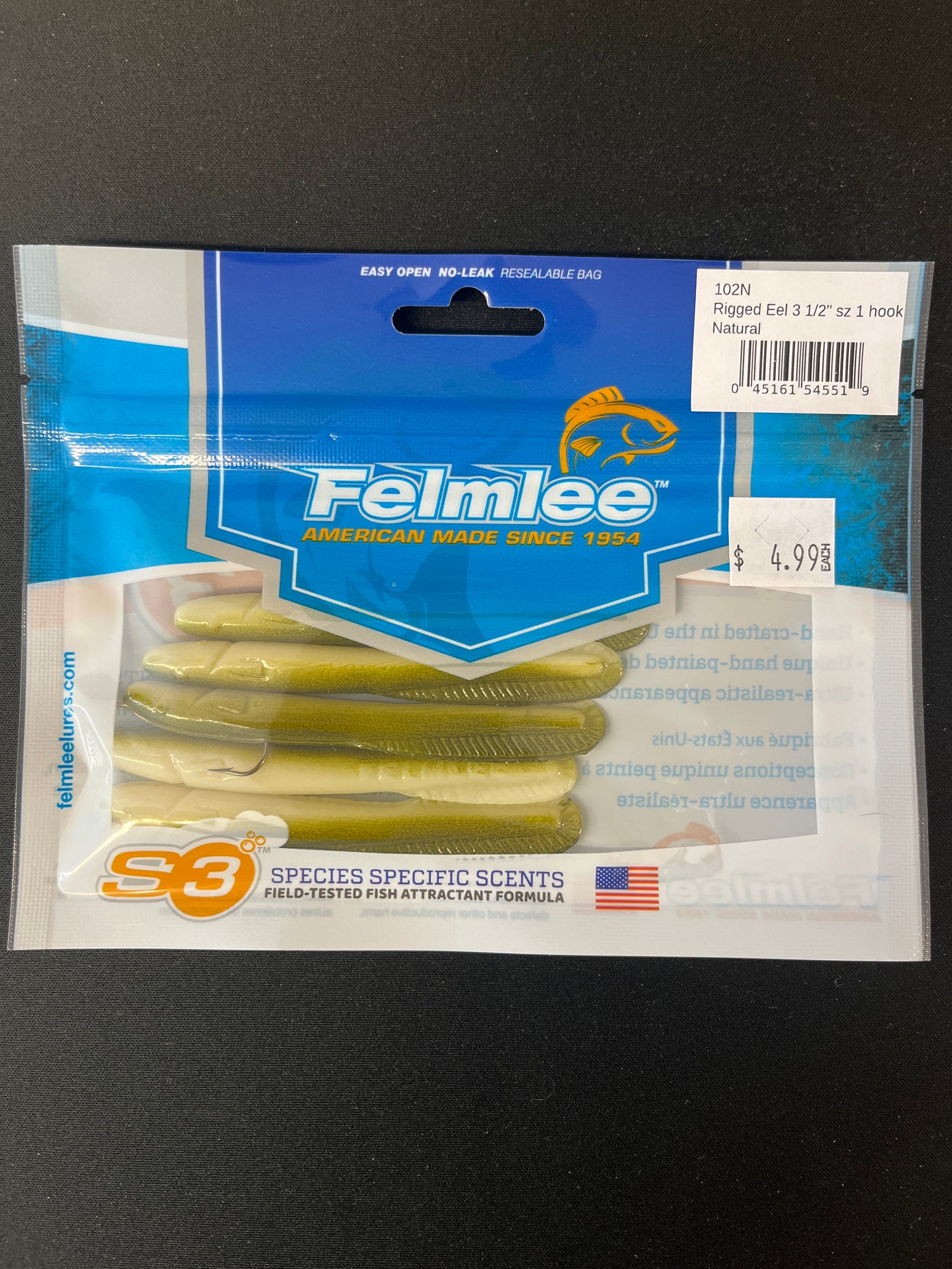 FELMLEE FISH ON RIGGED EEL LURE 3 1/2” SZ 1 HOOK