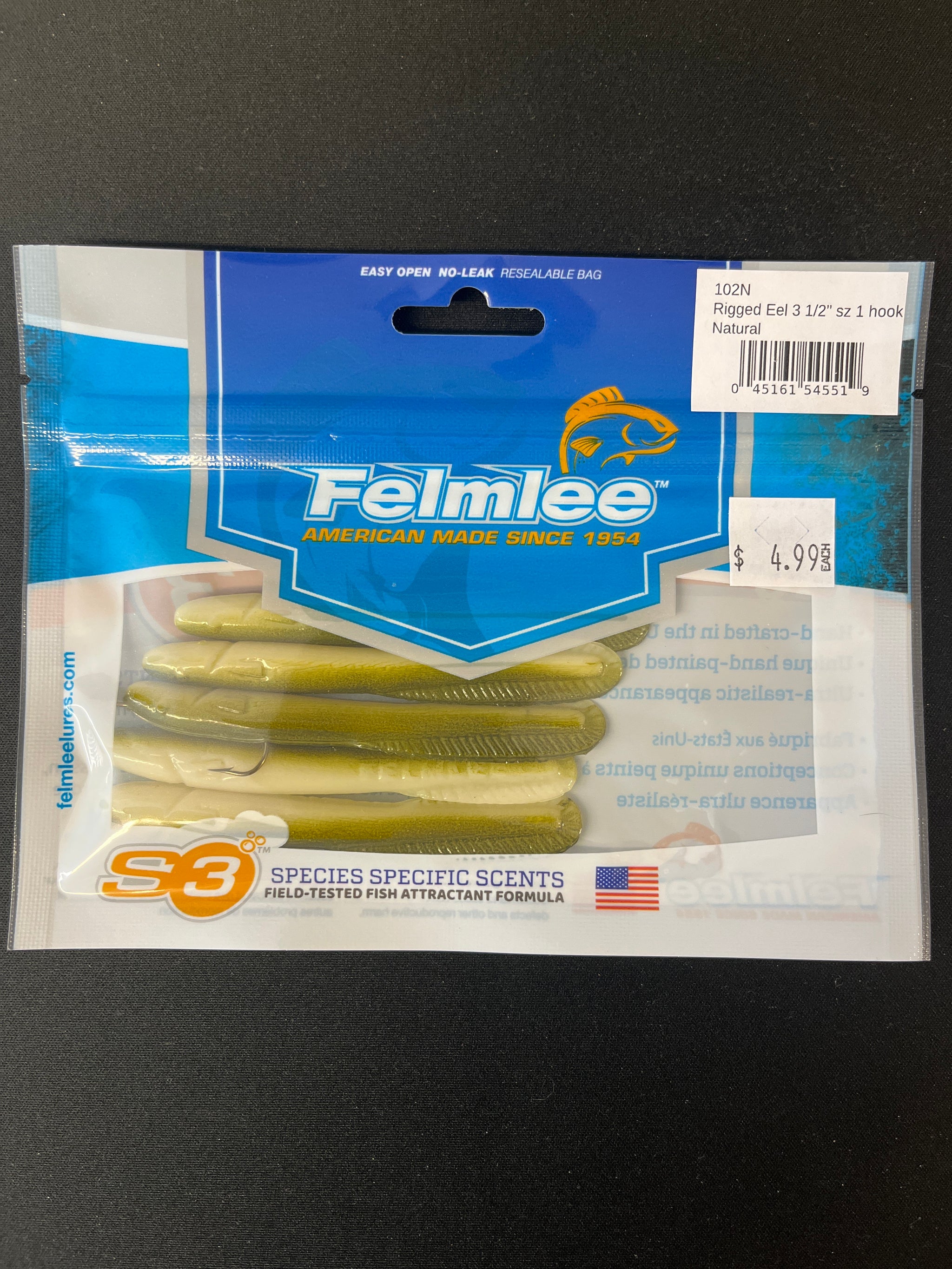 felmlee fishing lures FELMLEE FISH ON RIGGED EEL LURE 3 1/2” SZ 1 HOOK