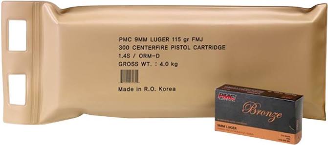 PMC Bronze Line Pistol Ammunition Battle Pack 9ABP, 9 mm, Full Metal Jacket (FMJ), 115 GR, 1150 FPS, 300 Rd/bx